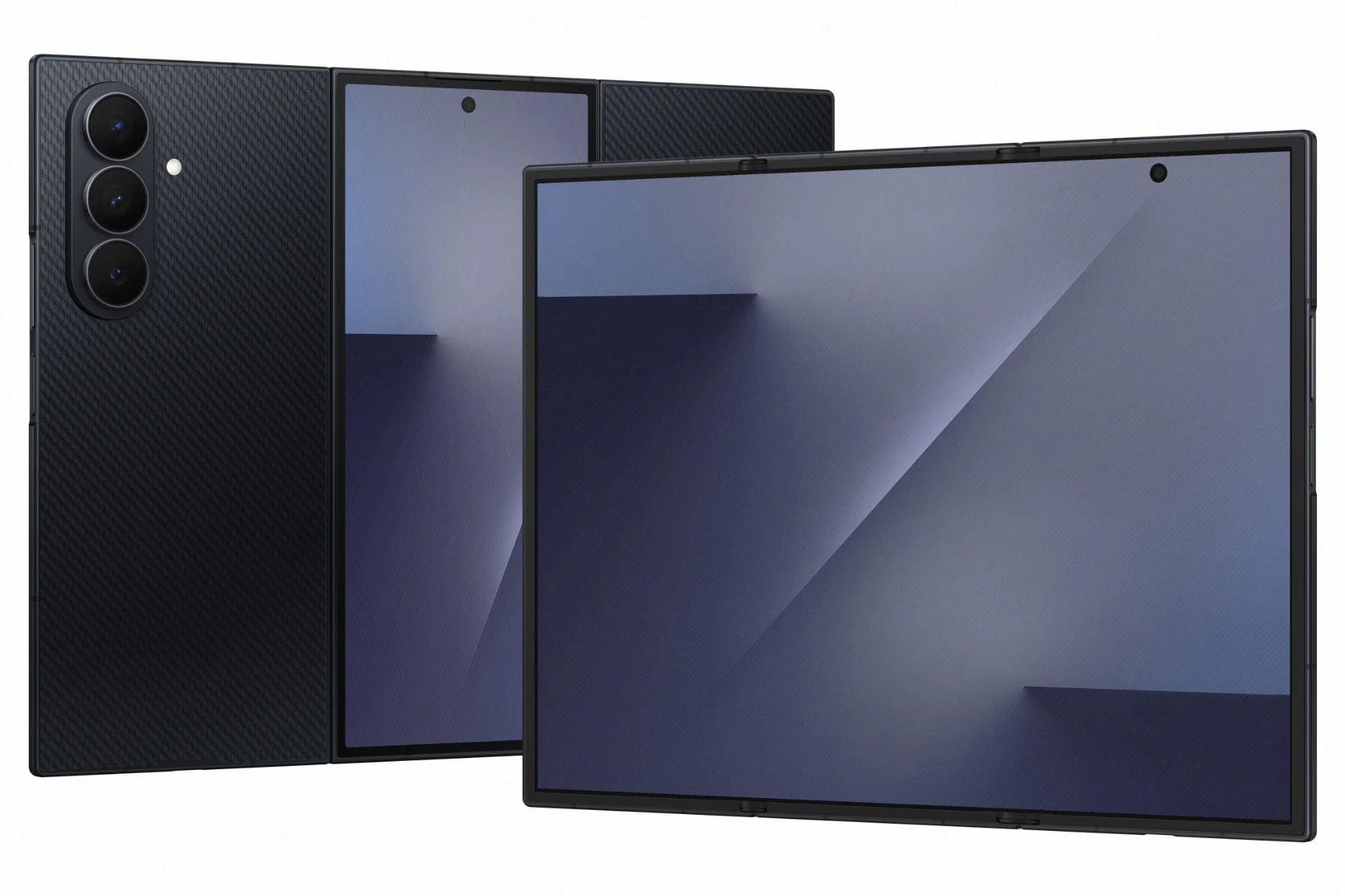 Galaxy TriFold negro desplegado junto a su vista trasera con triple cámara